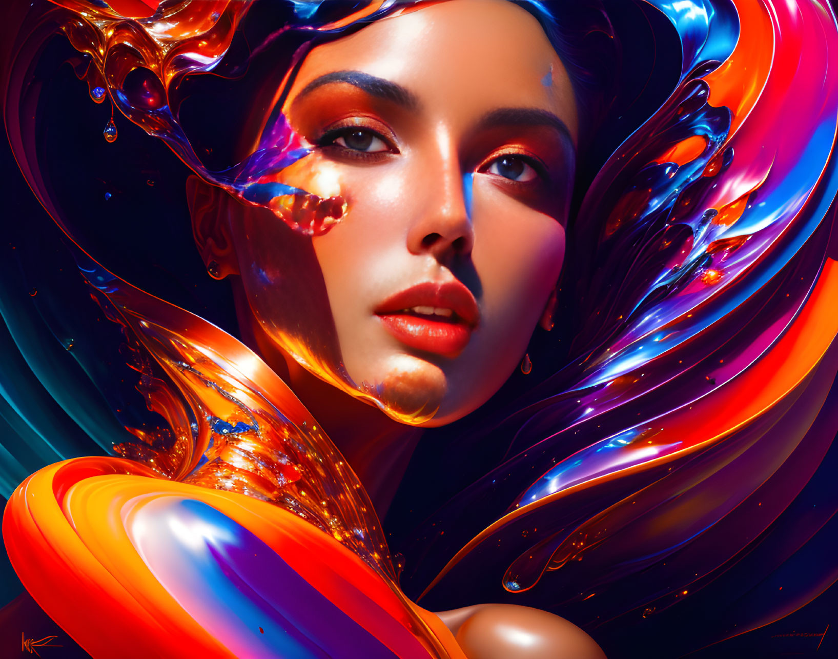 Colorful digital artwork: Woman's face in swirling liquid.