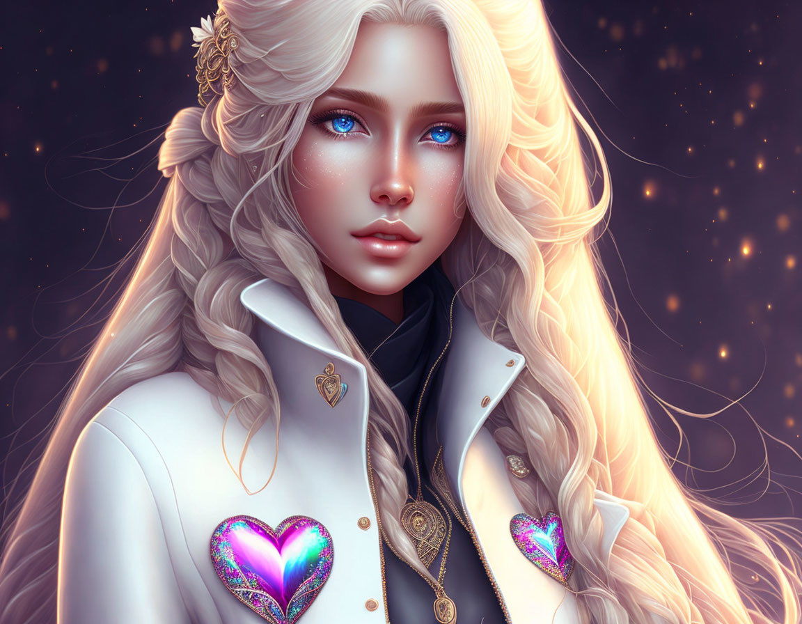 Illustration of woman with blue eyes, white hair, & heart-shaped iridescent coat