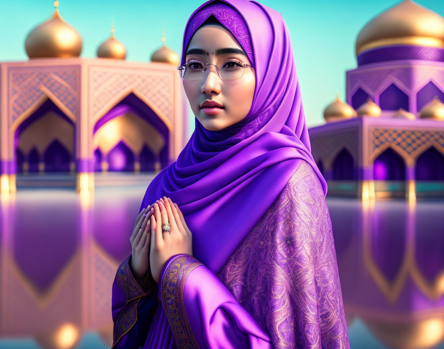 Digital artwork: Woman in purple hijab with clasped hands, set against Middle Eastern architecture.