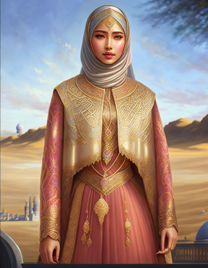 Traditional woman illustration in ornate attire against desert backdrop