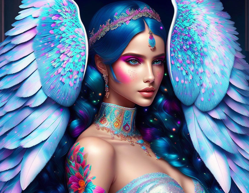 Digital Art: Person with Blue Hair, Iridescent Angel Wings, Jewelry, and Floral Tattoo