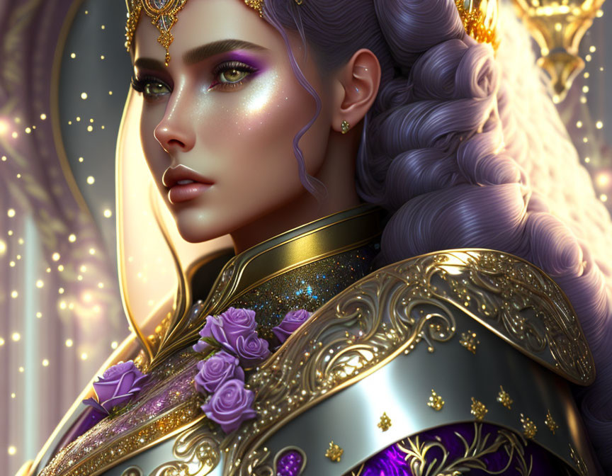 Regal woman with lavender hair in ornate armor and gold jewelry