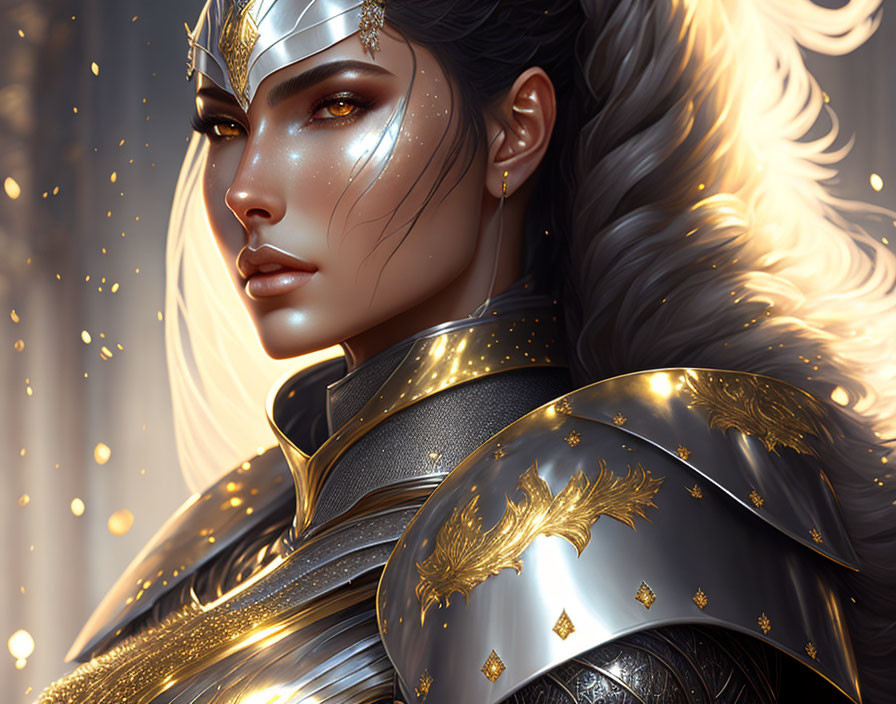 Digital artwork: Woman in ornate golden armor with feather motifs