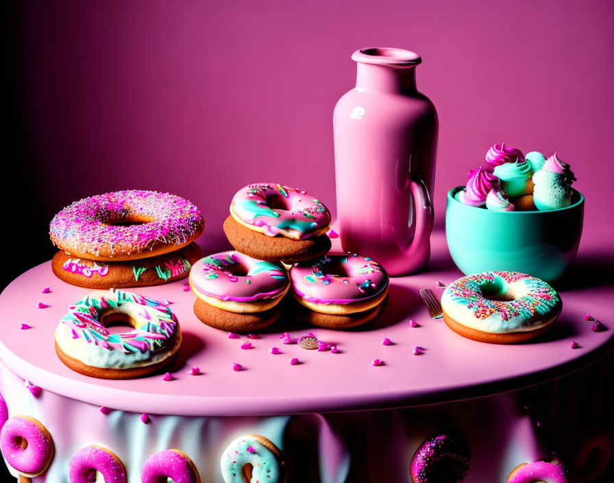 Colorful Sprinkled Donuts and Ice Cream on Pink Table