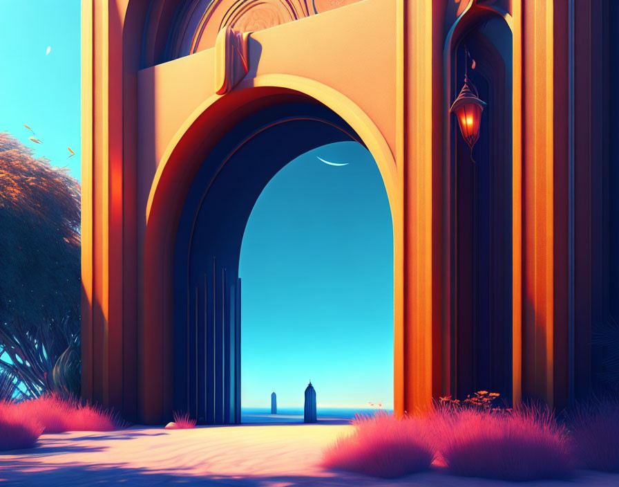 Digital artwork of grand archway under blue sky with orange hues, lamps, and purple bushes