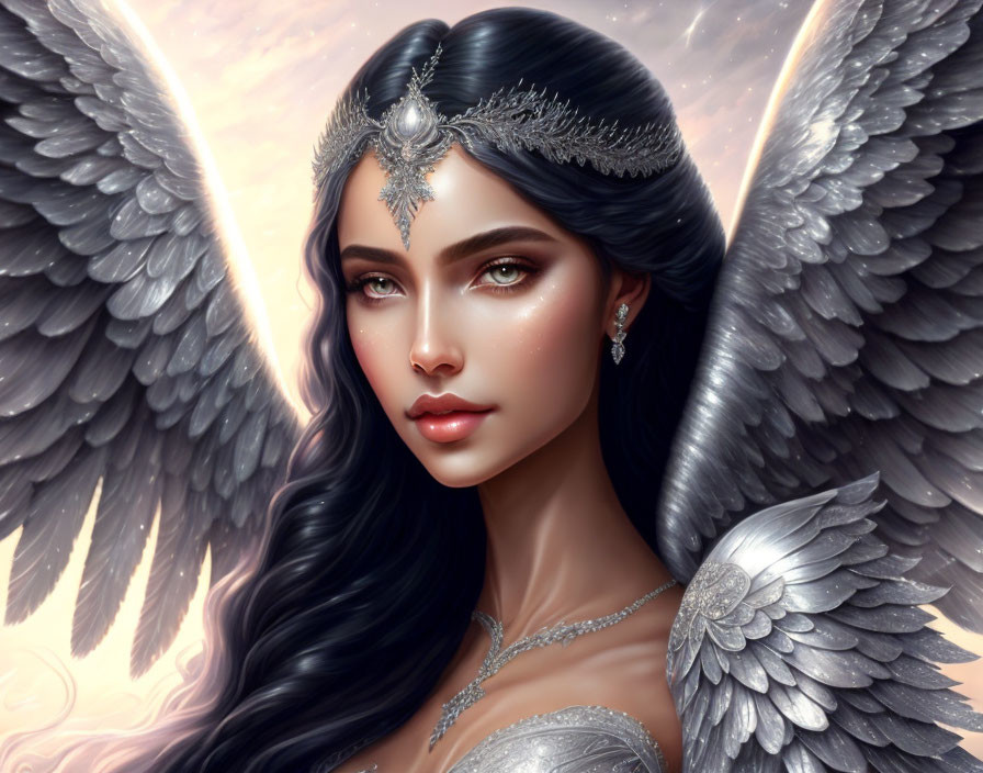 Detailed digital artwork of female figure with large wings and ornate headpiece against glowing backdrop