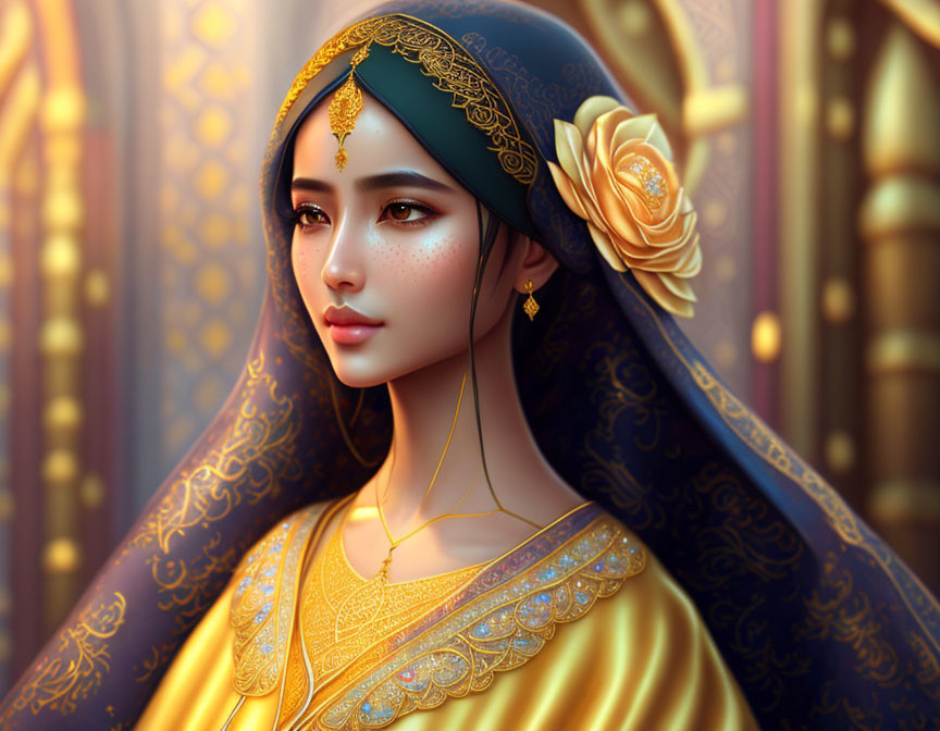 Traditional South Asian attire digital art portrait of a woman with gold jewelry.