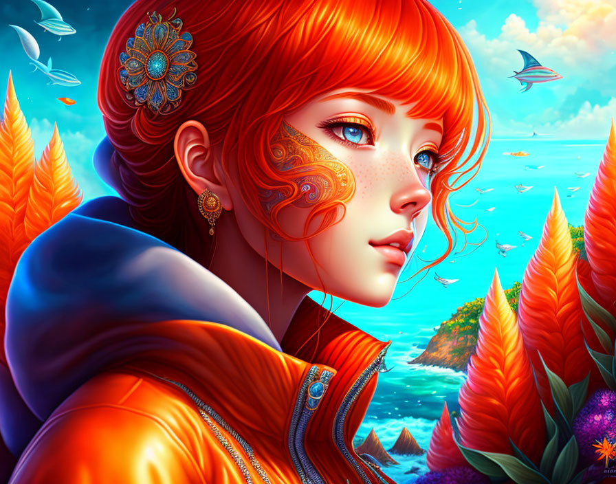 Vibrant illustration: Woman with red hair and face paint in orange attire, set in fantastical