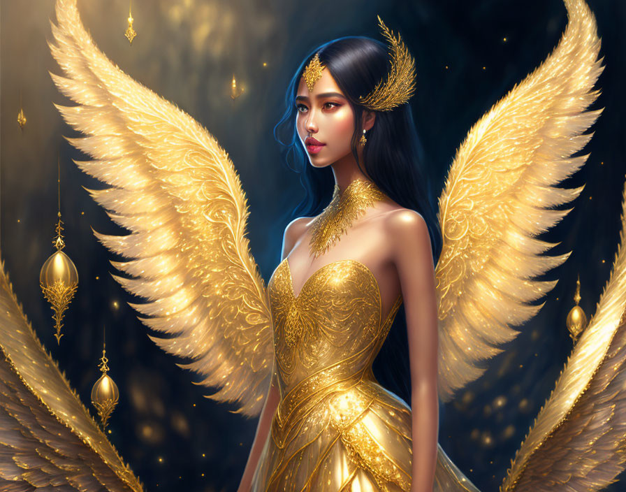 Golden-winged female figure in luminous aura with regal attire