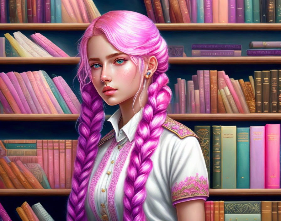 Digital artwork: Woman with pink hair and blue eyes in white shirt against colorful bookshelves