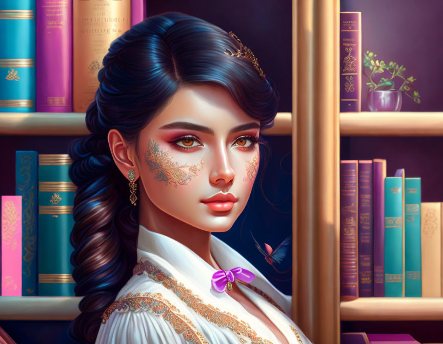 Digital artwork: Woman with intricate facial tattoos, surrounded by books and in fantasy attire