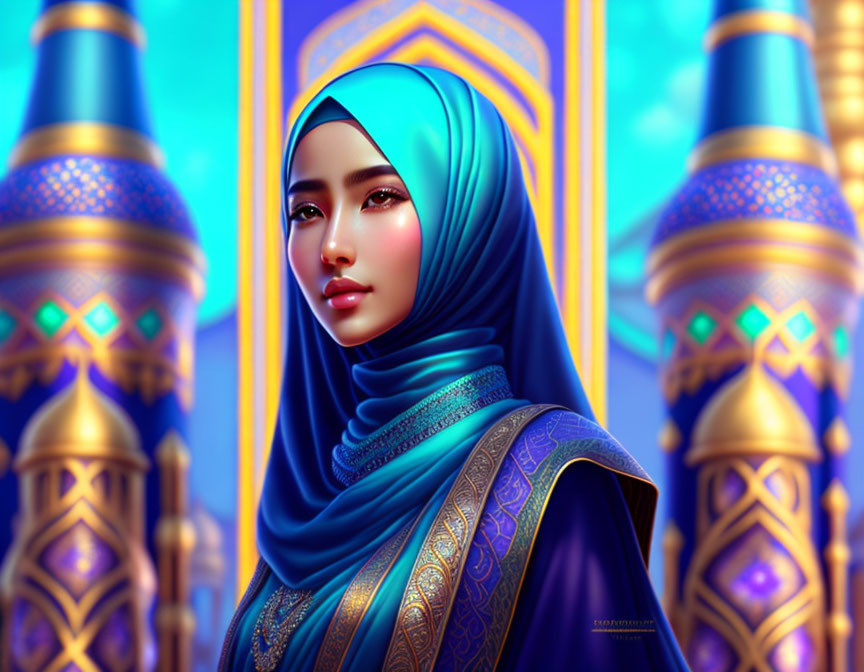 Woman in Blue Hijab on Ornate Arabesque Background with Gilded Accents