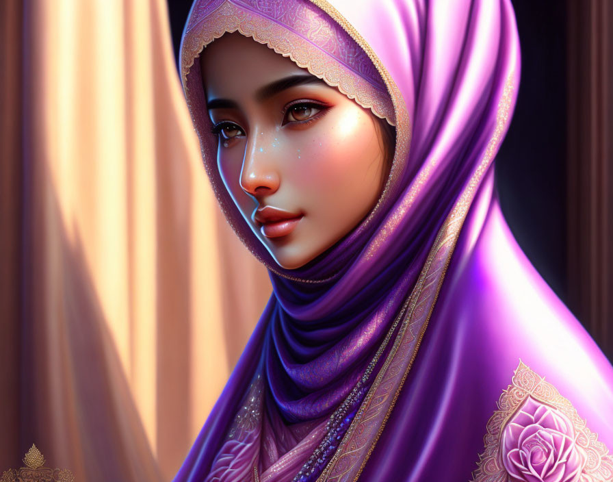 Portrait of Woman in Purple Hijab with Dewy Skin