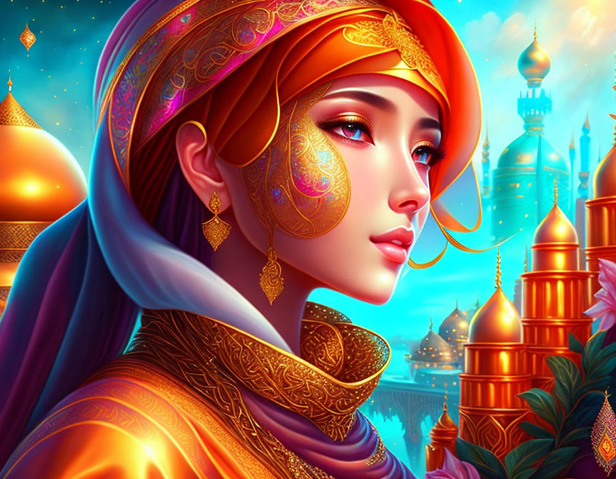 Colorful digital artwork: Woman in ornate orange and gold attire against exotic domed buildings.