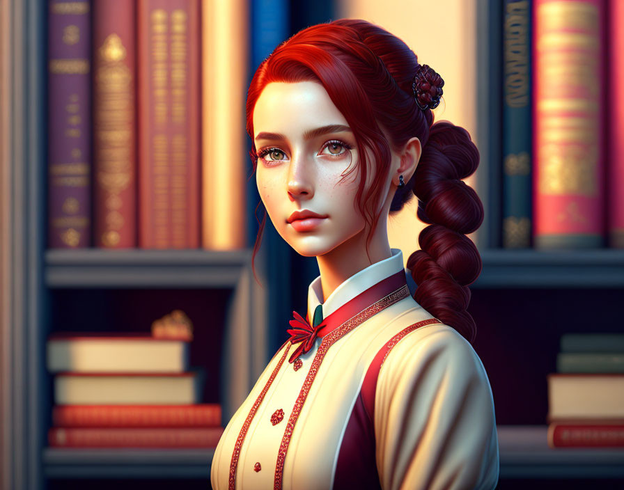 3D-rendered image of woman with auburn hair in braid, vintage outfit, book