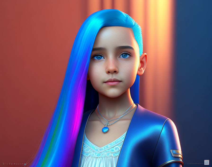 Vibrant digital artwork: young girl with blue rainbow hair, blue eyes, necklace, and glossy