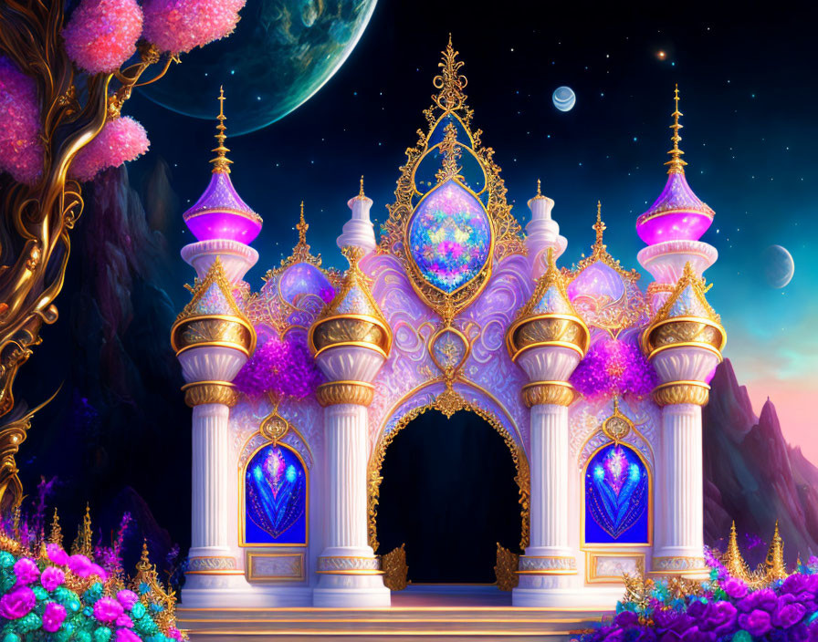 Fantastical palace with jewel-toned spires under multiple moons