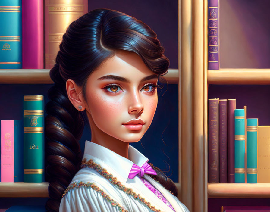 Young Woman with Braid Standing by Bookshelf Portrait