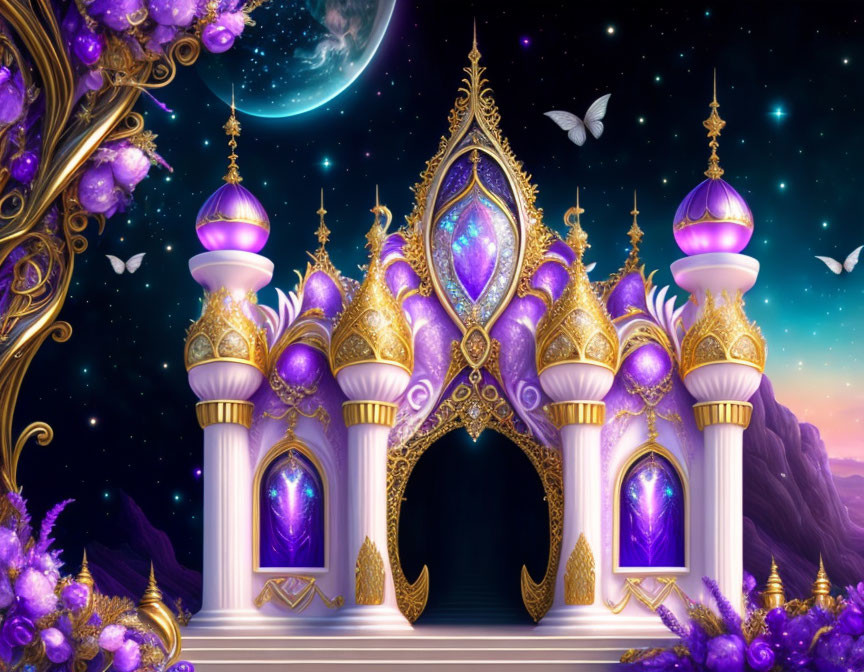 Fantastical palace gate with purple and gold domes under starry night sky