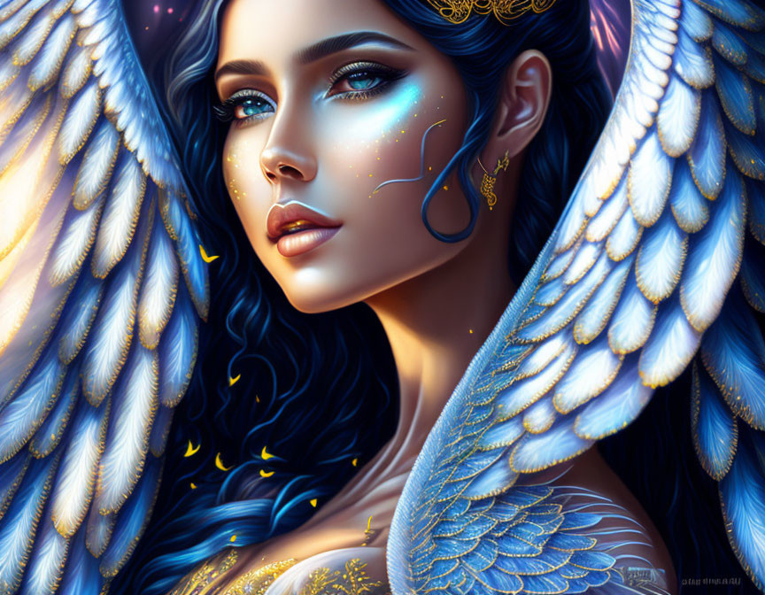 Digital Artwork: Woman with Blue Eyes, Dark Hair, Gold Jewelry, and Angelic Wings