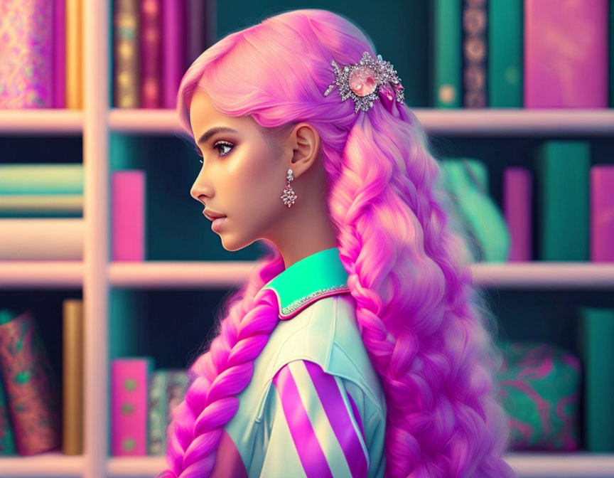 Vivid pink-haired woman with braid and jeweled accessories among books