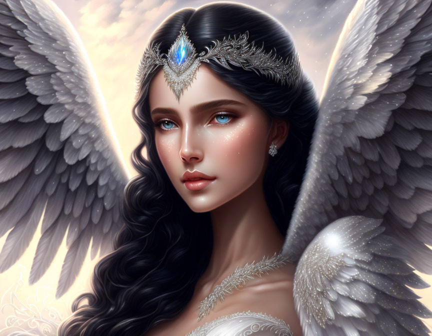 Mystical figure with white wings, blue eyes, black hair & tiara