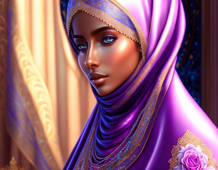 Vibrant purple hijab portrait with ornate backdrop