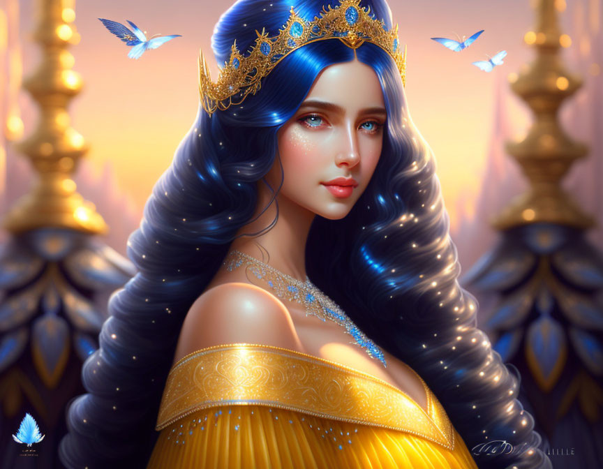 Elegant woman with blue hair and golden crown in fantasy setting