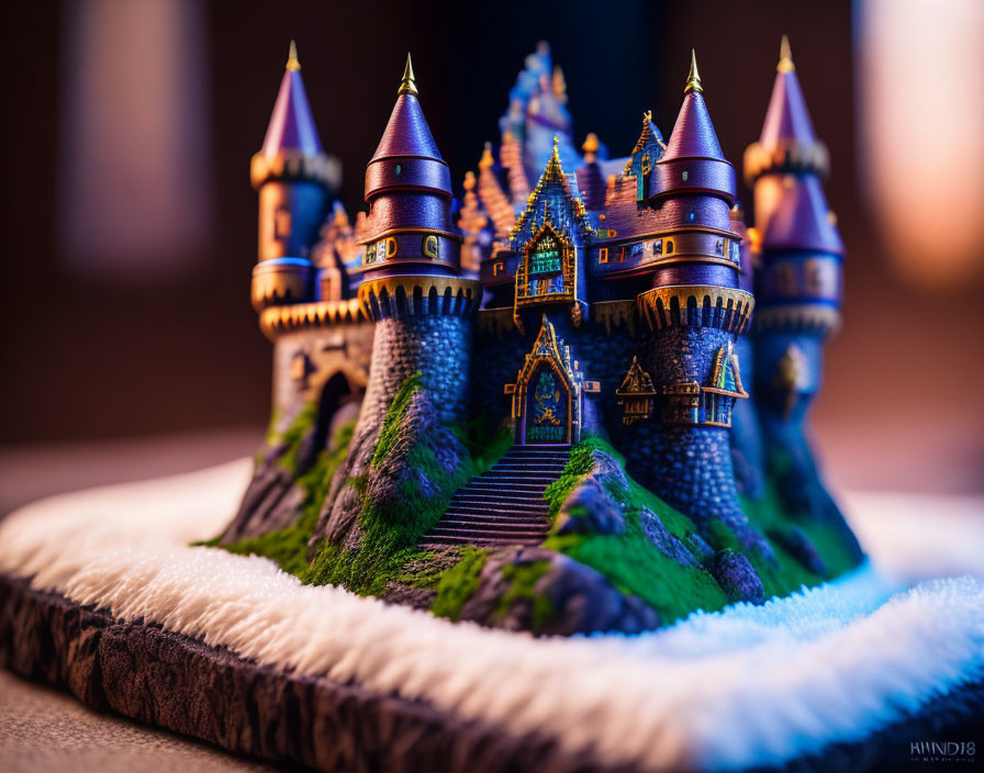 Miniature Fantasy Castle with Multiple Spires on Grass Hill