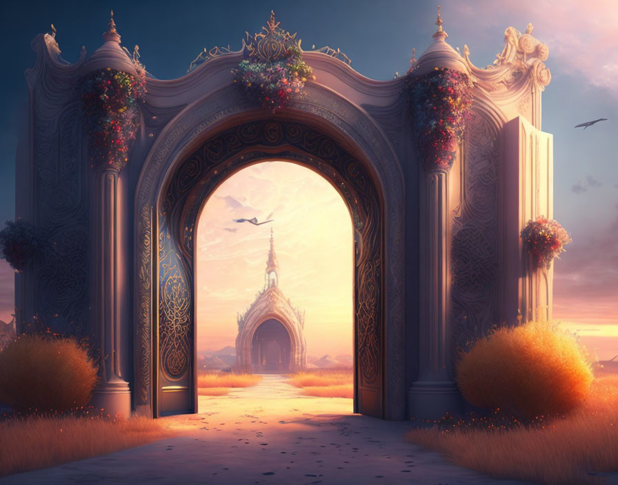 Ornate gate with flowers and sculptures leading to mystical castle under sunset sky