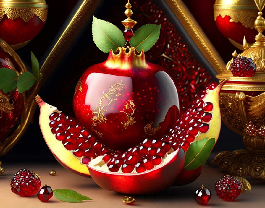 Luxurious pomegranate with crown, gold cutlery, slices, and jewels on dark