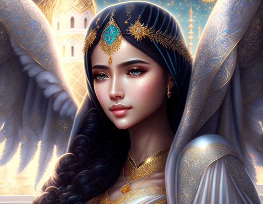 Fantasy character digital portrait with long black hair and ornate blue-gold headdress.