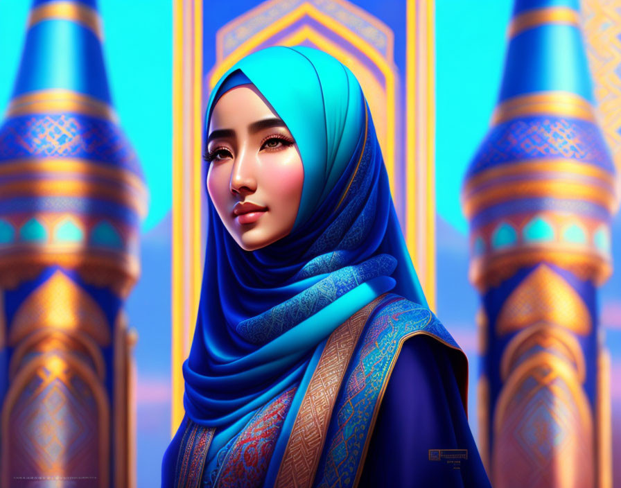 Digital art portrait of woman in blue hijab against ornate columns