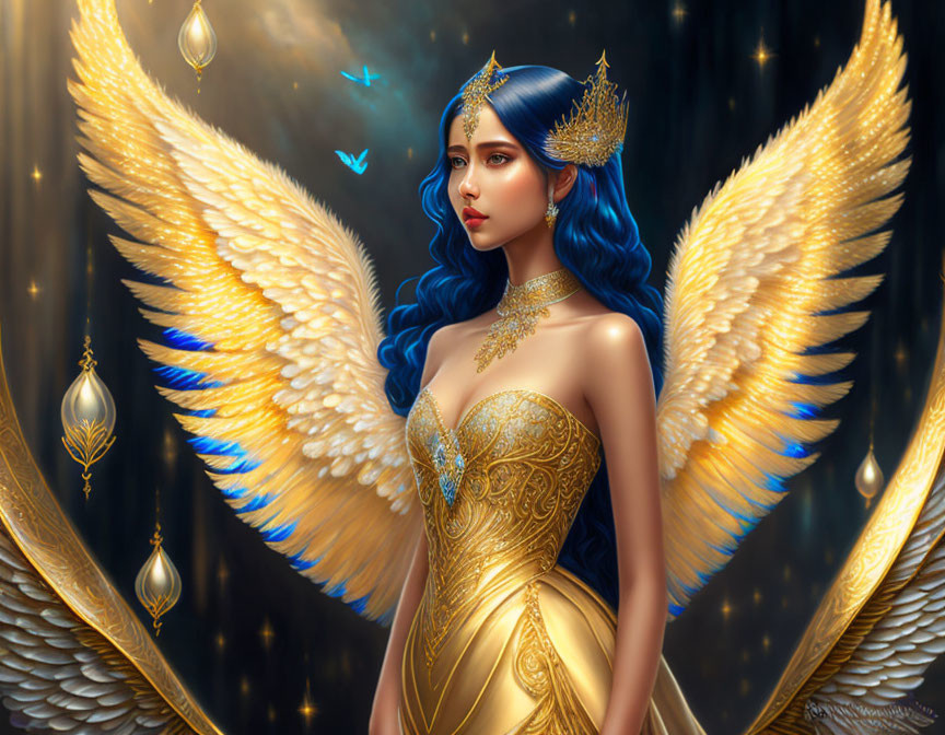 Majestic angelic figure with blue hair and golden attire, adorned with radiant wings and surrounded by