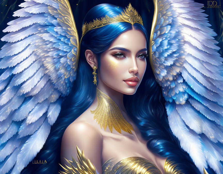 Fantasy digital artwork of a woman with blue feathered wings and golden crown