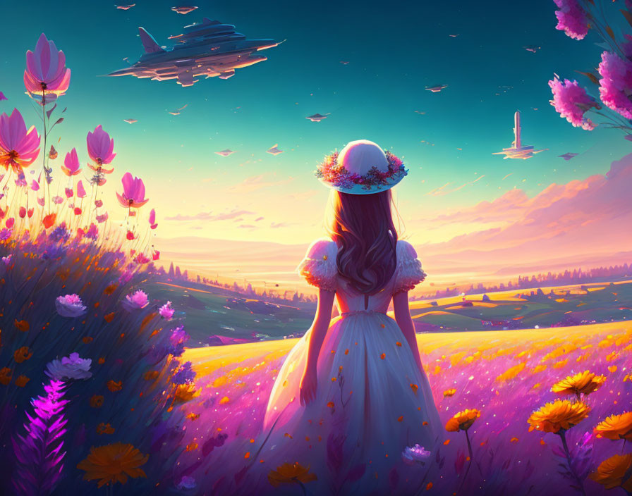 Girl in Floral Dress Admiring Vibrant Sunset with Flowers and Airplanes