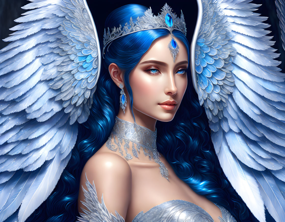 Digital artwork: Woman with blue hair, crown, angelic wings & feathers in blue & white