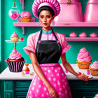 Woman in pink floral dress with headpiece in front of elegant desserts and teal walls