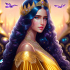 Fantasy artwork of a woman with blue hair and golden tiara, surrounded by butterflies and feathers