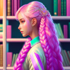 Vivid pink-haired woman with braid and jeweled accessories among books