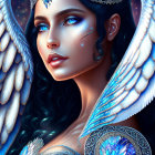 Fantasy female creature portrait with blue eyes, dark hair, elaborate makeup, and colorful feathered wings