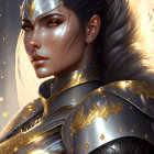 Regal woman with lavender hair in ornate armor and gold jewelry