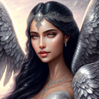 Mystical figure with white wings, blue eyes, black hair & tiara