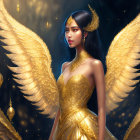 Majestic angelic figure with blue hair and golden attire, adorned with radiant wings and surrounded by