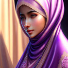 Vibrant purple hijab portrait with ornate backdrop