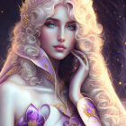 Ethereal woman with angelic features, golden crown, wings, butterflies, starry sky