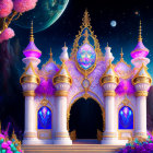 Fantastical palace gate with purple and gold domes under starry night sky