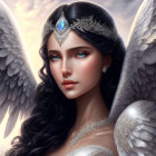 Fantasy character digital portrait with long black hair and ornate blue-gold headdress.