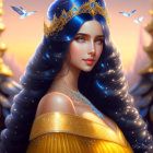 Fantasy queen with blue hair, golden crown, robe, butterflies, royal setting