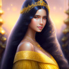 Elegant woman with blue hair and golden crown in fantasy setting